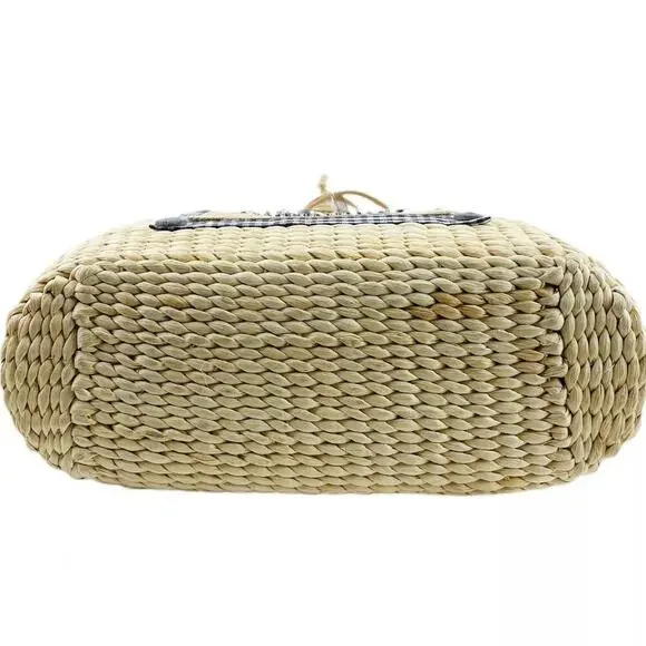 Breckenridge Straw Tote Bag Purse Blonde Wicker Picnic Blue Check Teacup Bee - Picture 7 of 10